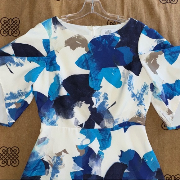 Belle Badgley Mischka Blue Abstract Print Bell Short Sleeve Knee Length Dress - Picture 7 of 16